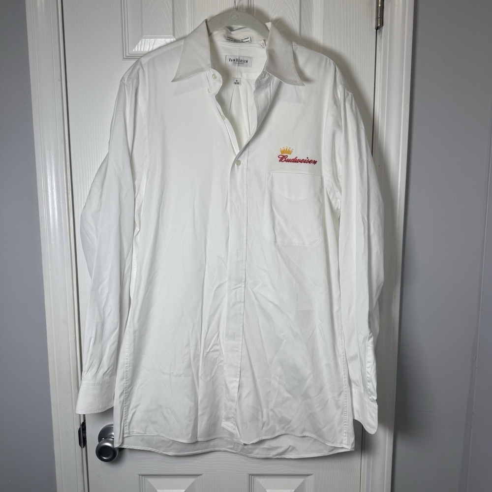 Budweiser Beer Button Down Uniform Long Sleeve Shirt‎ 16 32/33 USA White